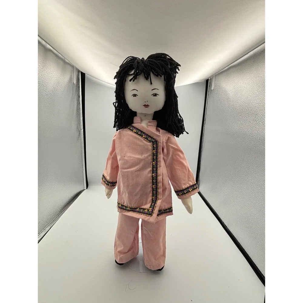 Vintage Cloth Doll Asian Style Pink Outfit Black‎ Yarn Hair prewned GUC 1970s